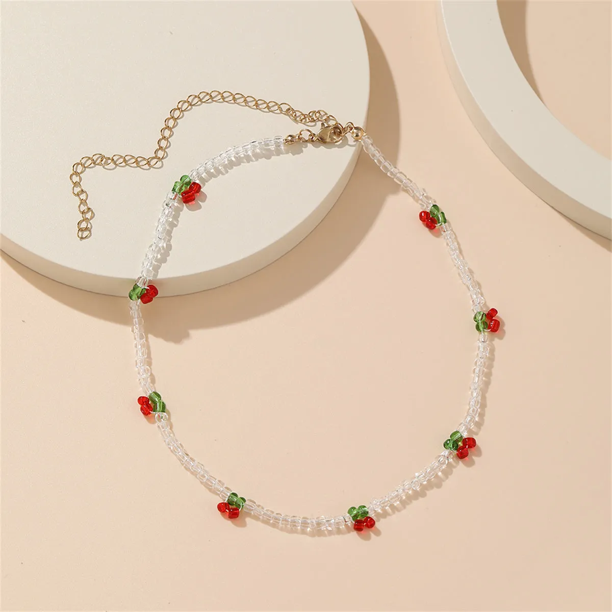 White & Red Beaded Cherry Station Necklace