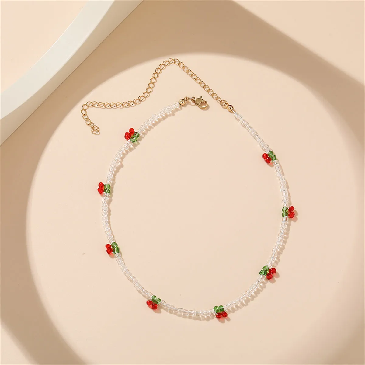White & Red Beaded Cherry Station Necklace
