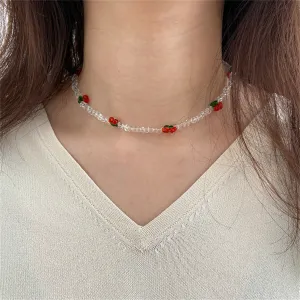 White & Red Beaded Cherry Station Necklace