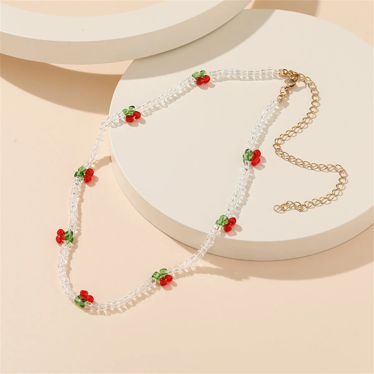White & Red Beaded Cherry Station Necklace