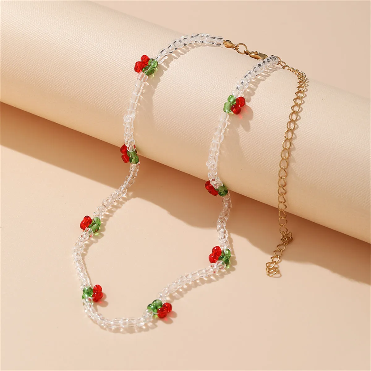 White & Red Beaded Cherry Station Necklace