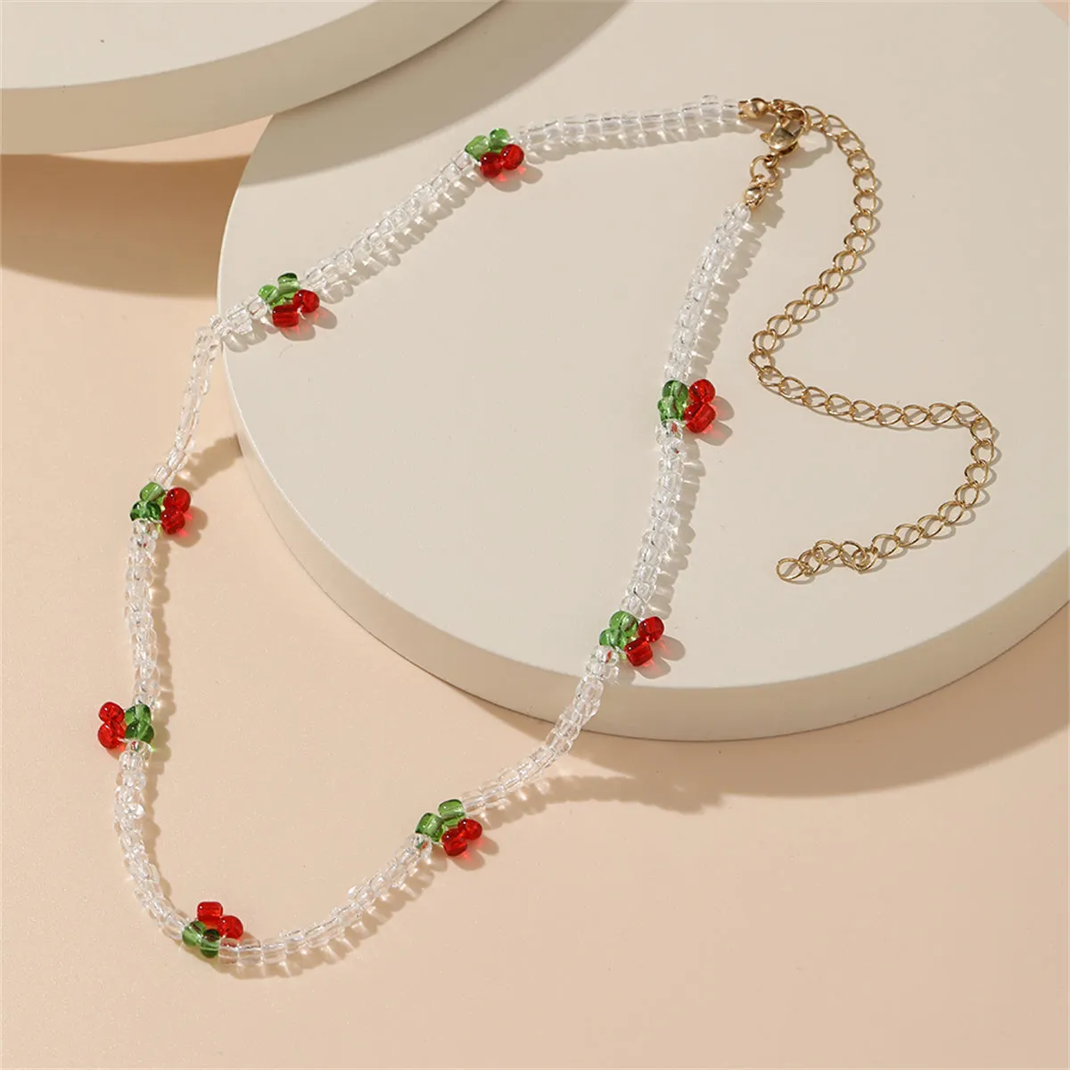 White & Red Beaded Cherry Station Necklace
