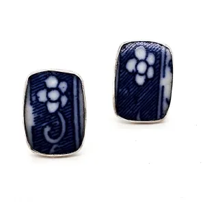 White and blue porcelain tile flower vintage sterling silver post earrings