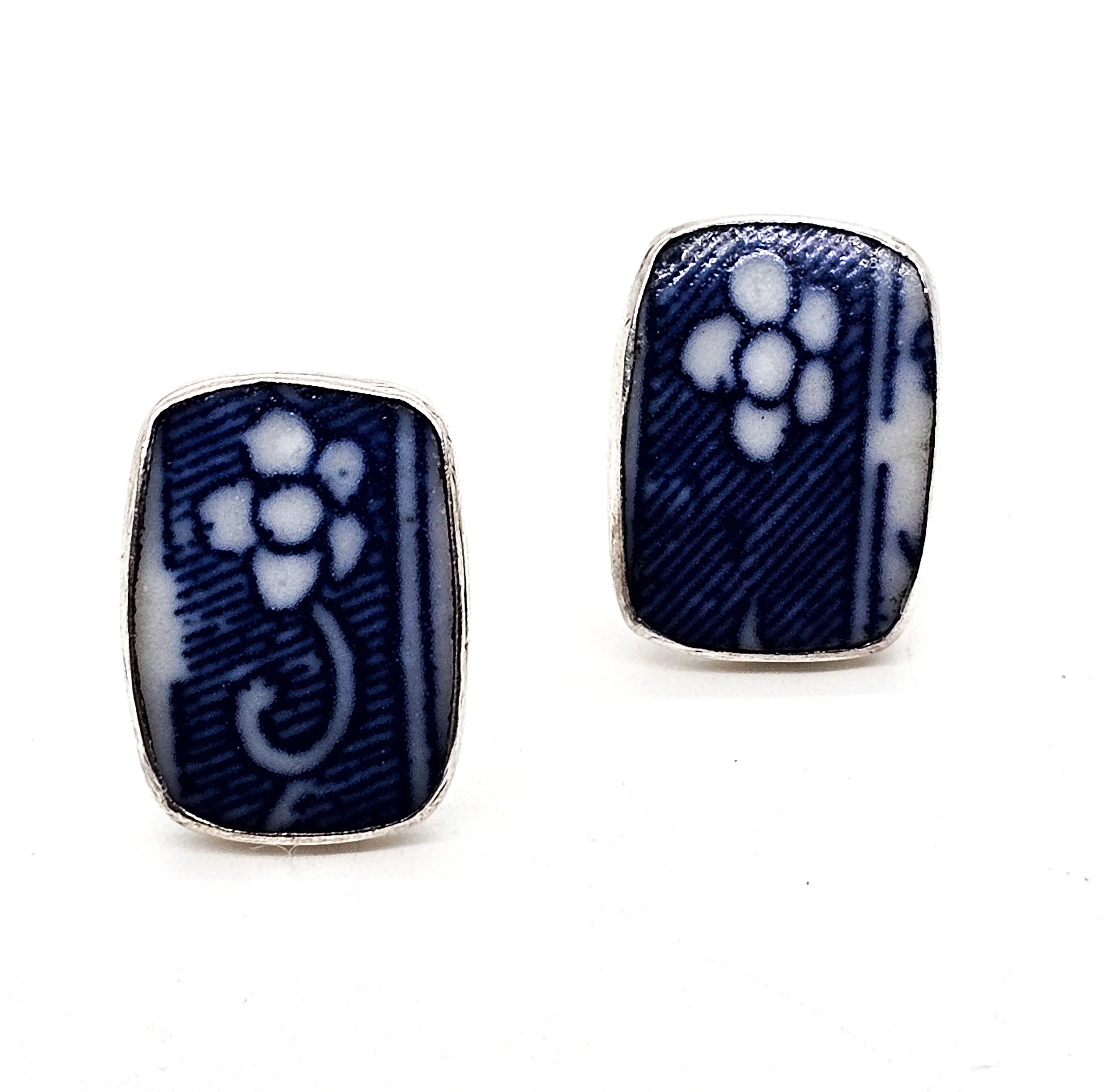 White and blue porcelain tile flower vintage sterling silver post earrings