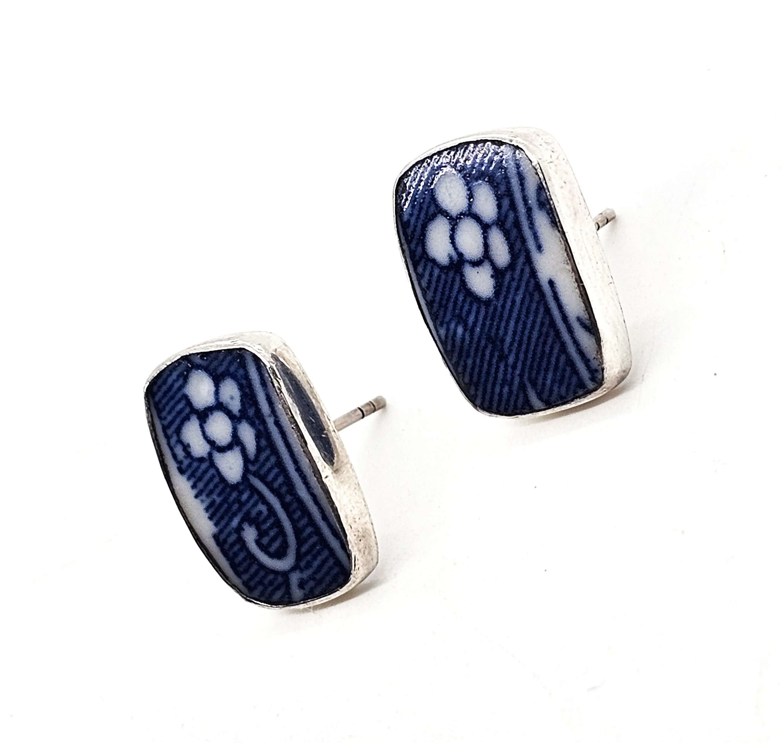 White and blue porcelain tile flower vintage sterling silver post earrings