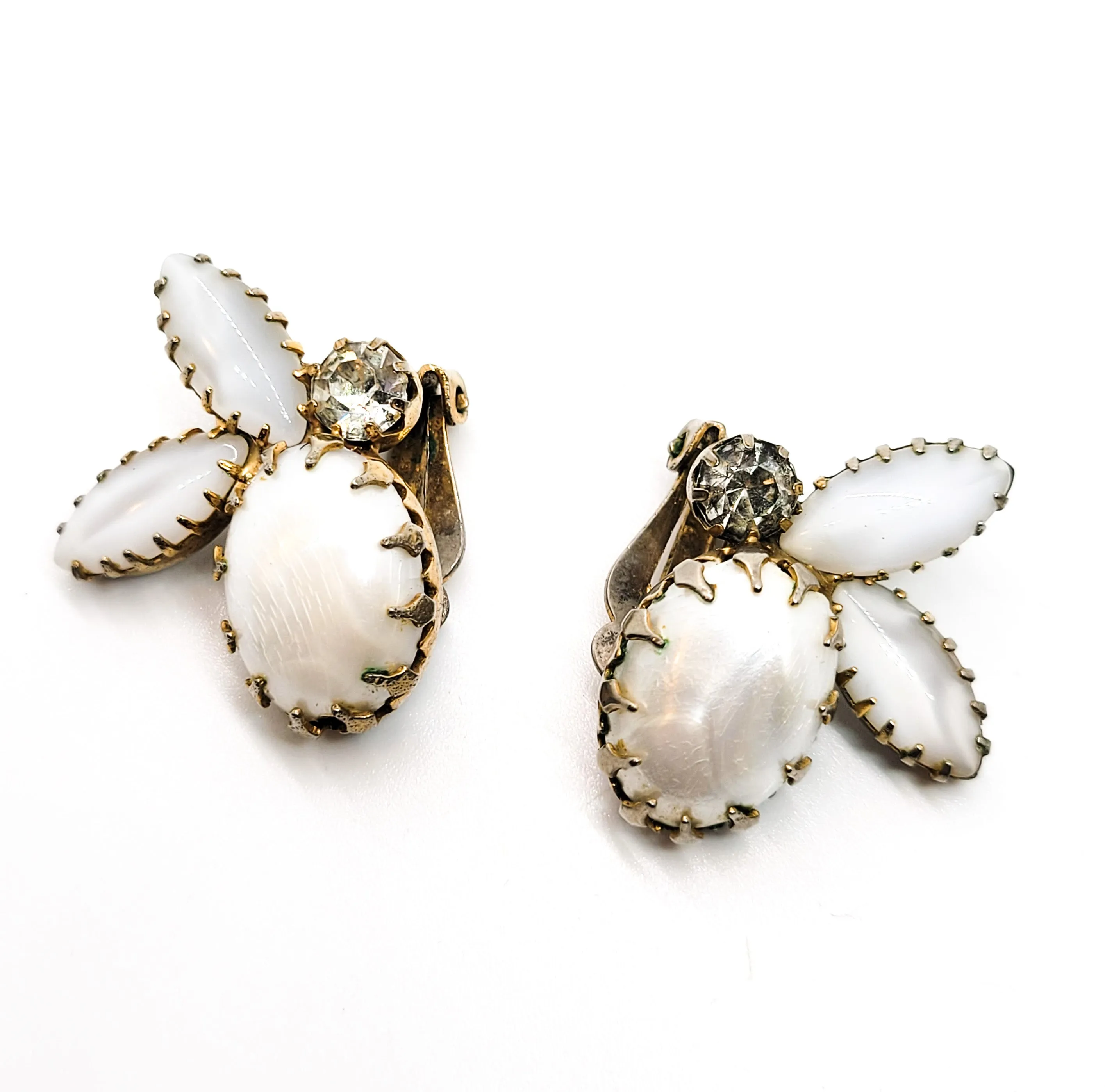 White cat's eye and faux pearl prong set vintage brooch and earrings set