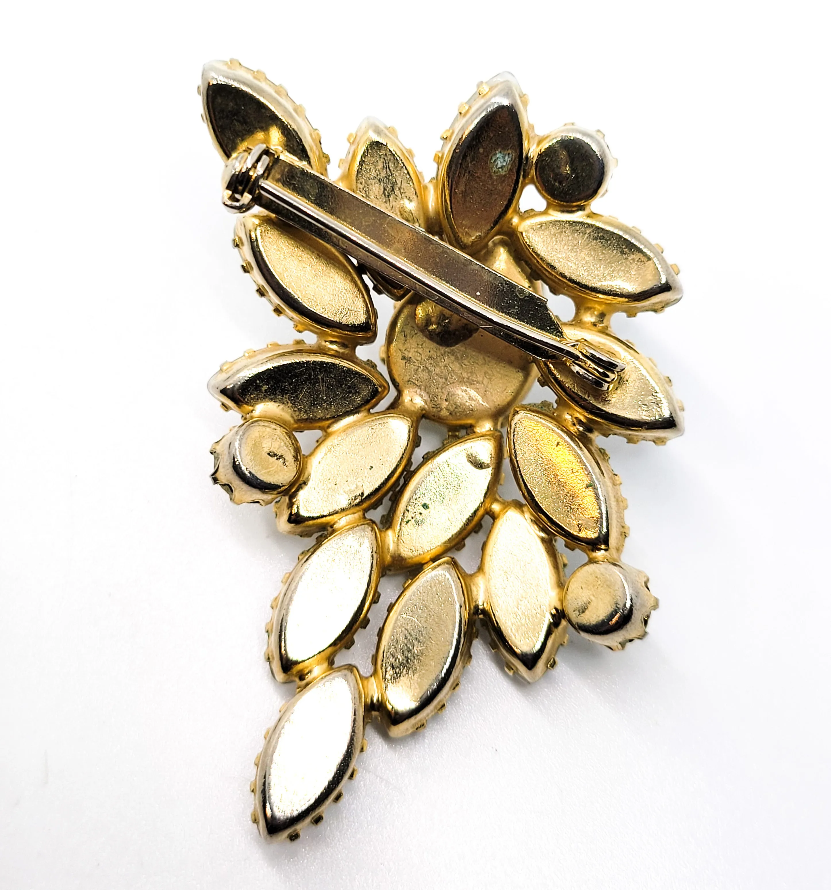 White cat's eye and faux pearl prong set vintage brooch and earrings set