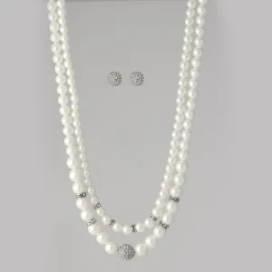 White Pearl And Silver Crystal Pave Ball Necklace And earrings Set #SQ321-1026-0296S (LA25/GF17)