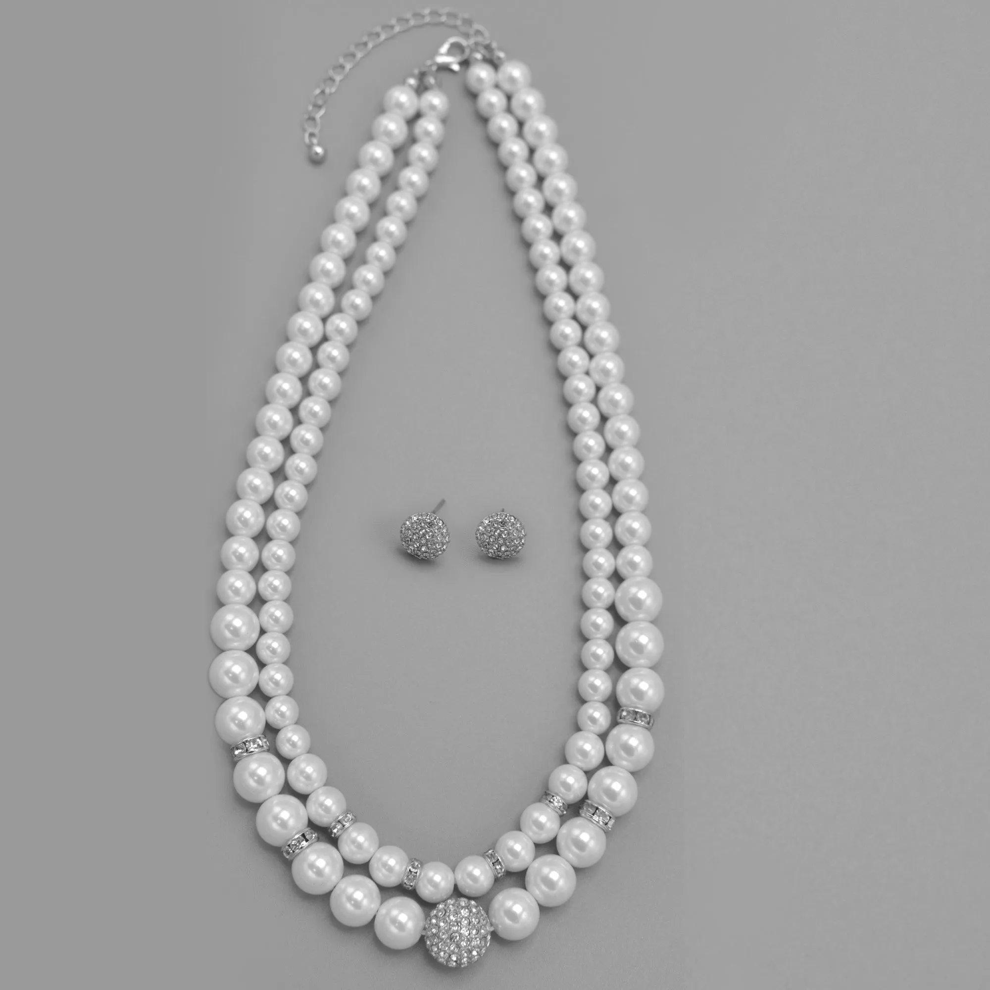 White Pearl And Silver Crystal Pave Ball Necklace And earrings Set #SQ321-1026-0296S (LA25/GF17)