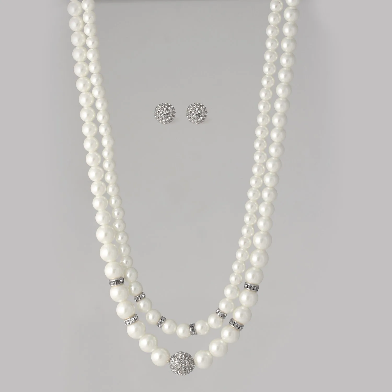 White Pearl And Silver Crystal Pave Ball Necklace And earrings Set #SQ321-1026-0296S (LA25/GF17)