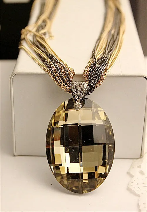 Who Vintage Gold / Black Oval Glass Crystal Pendant Necklace, Charm Multi-Chain Long Chain Necklaces for Women XHP076