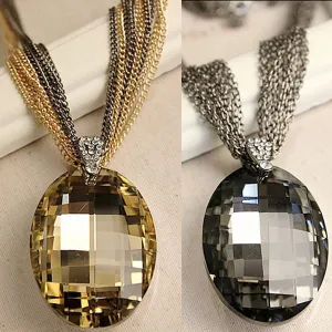 Who Vintage Gold / Black Oval Glass Crystal Pendant Necklace, Charm Multi-Chain Long Chain Necklaces for Women XHP076
