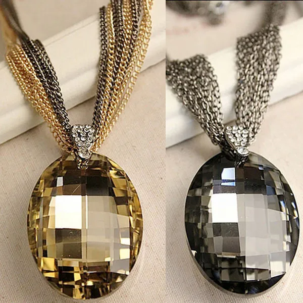 Who Vintage Gold / Black Oval Glass Crystal Pendant Necklace, Charm Multi-Chain Long Chain Necklaces for Women XHP076