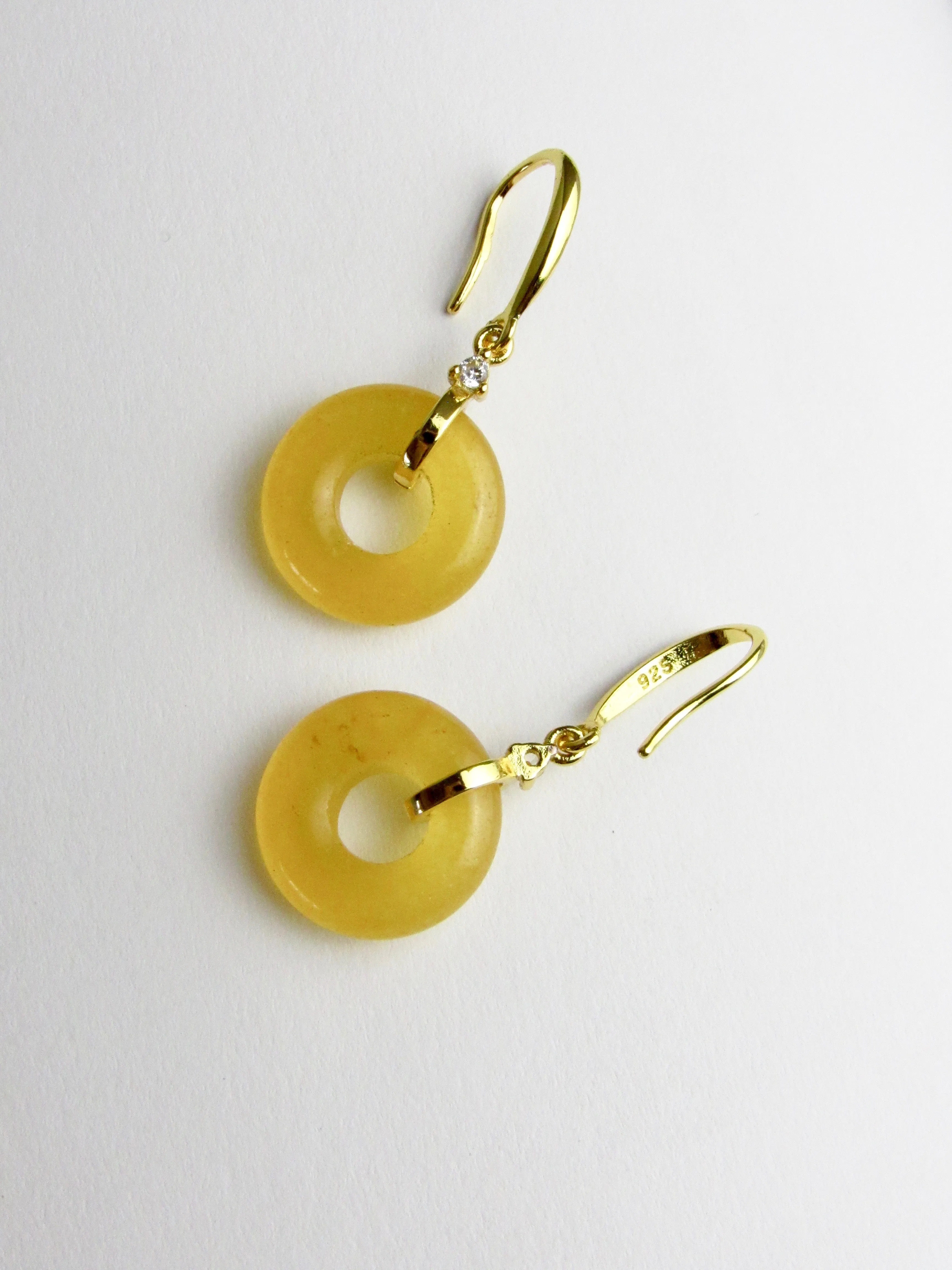 Yellow Lucky Jade Donut Gold Hook Earrings