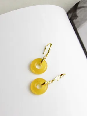 Yellow Lucky Jade Donut Gold Hook Earrings